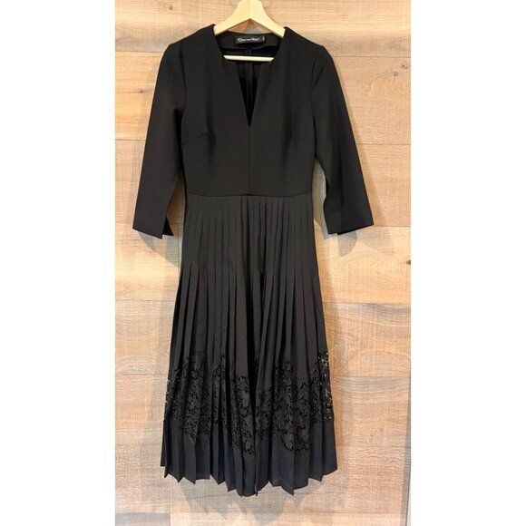 Oscar de la Renta Pleated Chiffon & Guipure Inset black Dress Size 2 - Picture 4 of 14